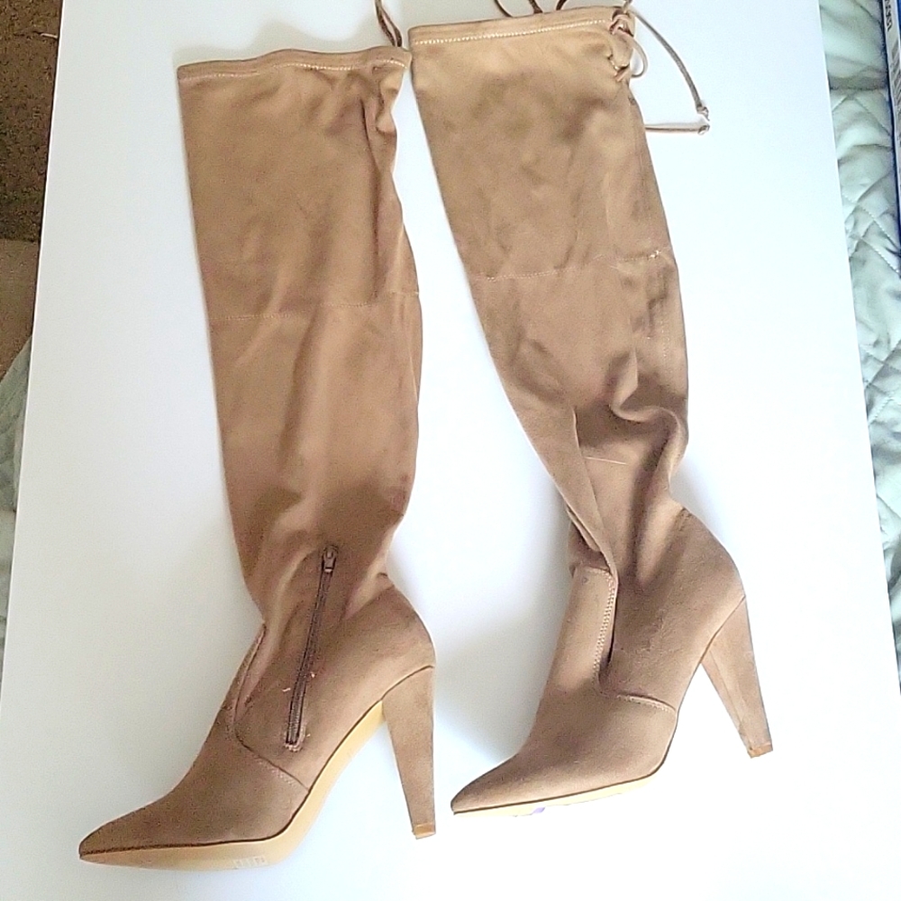 French Connection boots (NEW) tan faux suede stiletto over knee